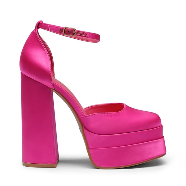 High Chunky Square Toe Ankle Strap Platform Pumps - ROSE RED SATIN - 3